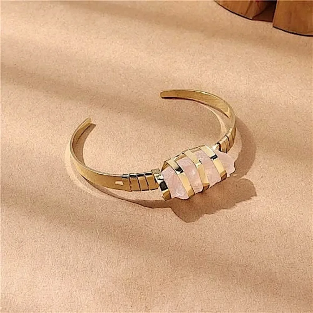 Artisan Free Spirit Unique Pink Stone Cuff Bracelet Minimalist Gold Tone Jewelry